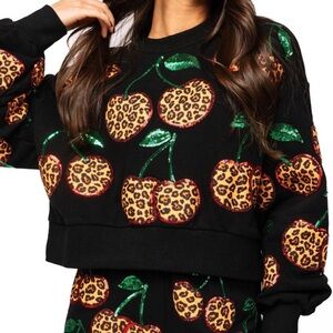 Leopard Cherry Print Black Sweatshirt